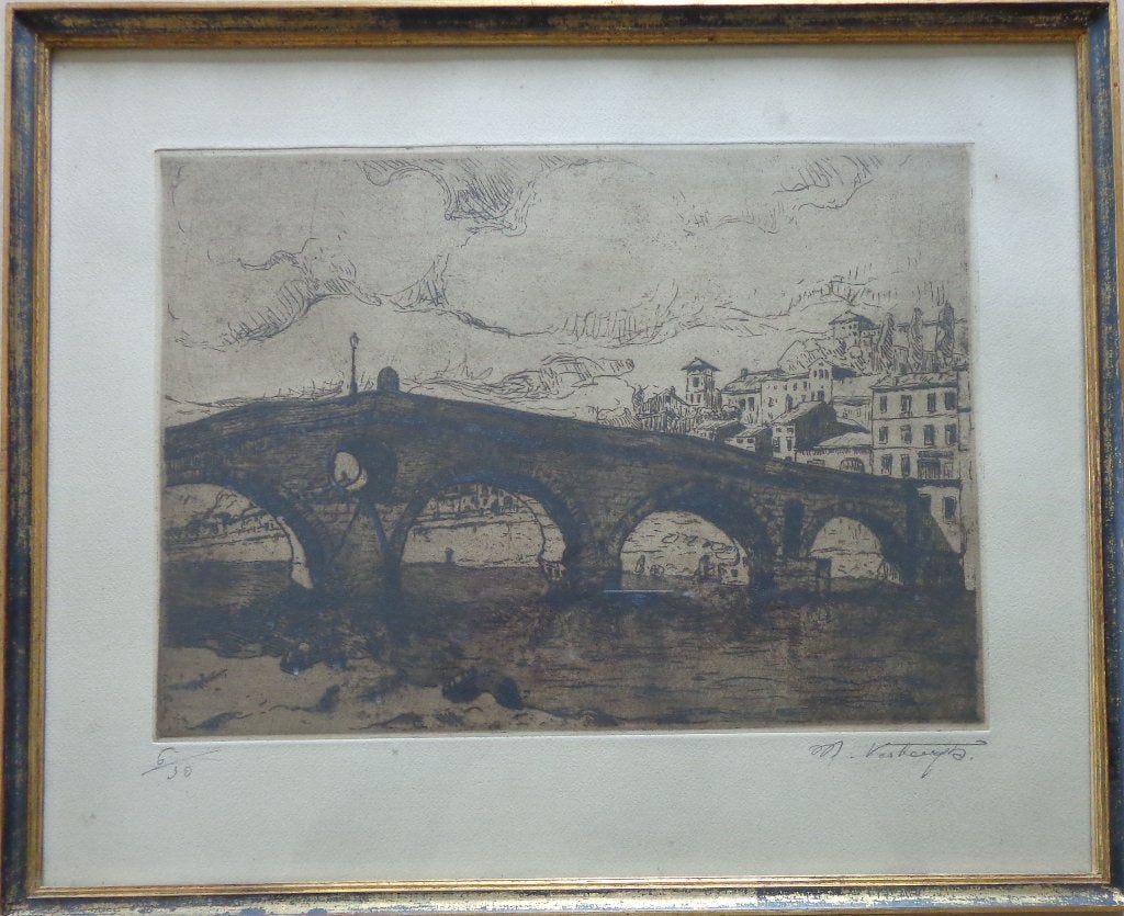 MEDARD VERBURGH / IL PONTE VERONA / ZW-W ETS / 38x46cm KADER, Ophalen of Verzenden, Stadsgezicht, Ets, Genummerd