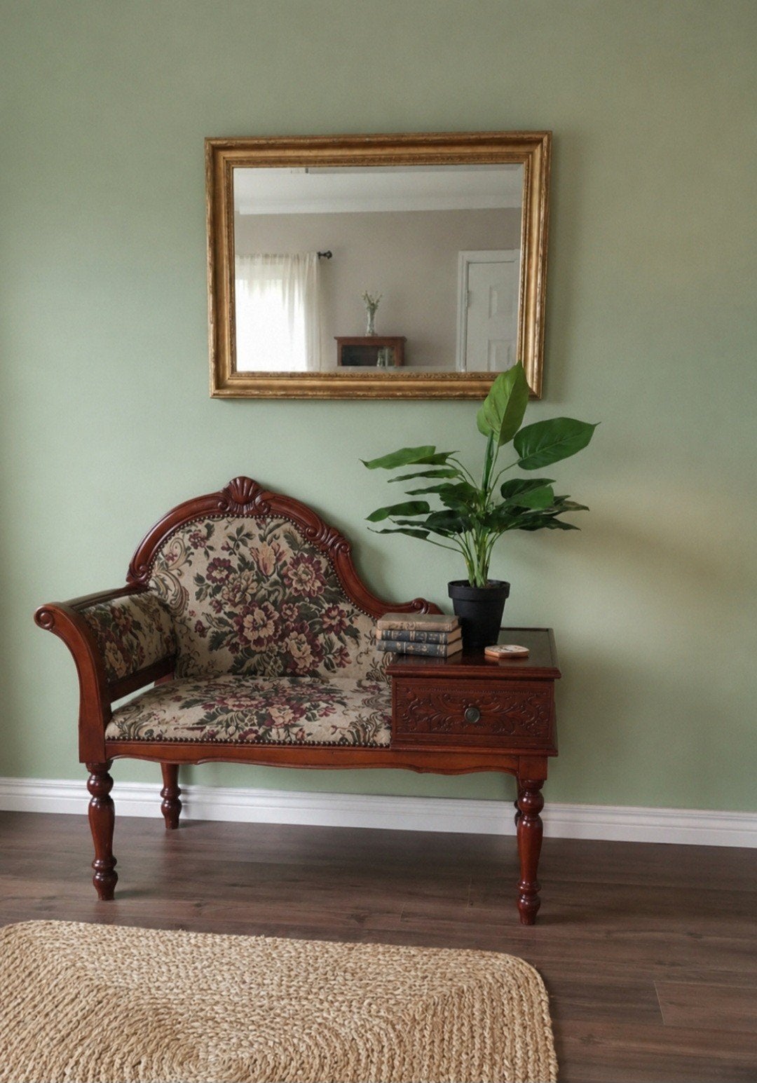 Banc banquette vintage bois et tissu gobelin., Envoi