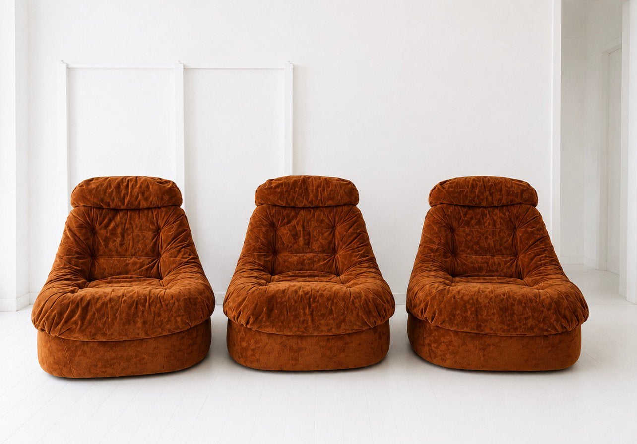 Trio de fauteuils lounge vintage 1970 - Velours cognac, Enlèvement, Utilisé