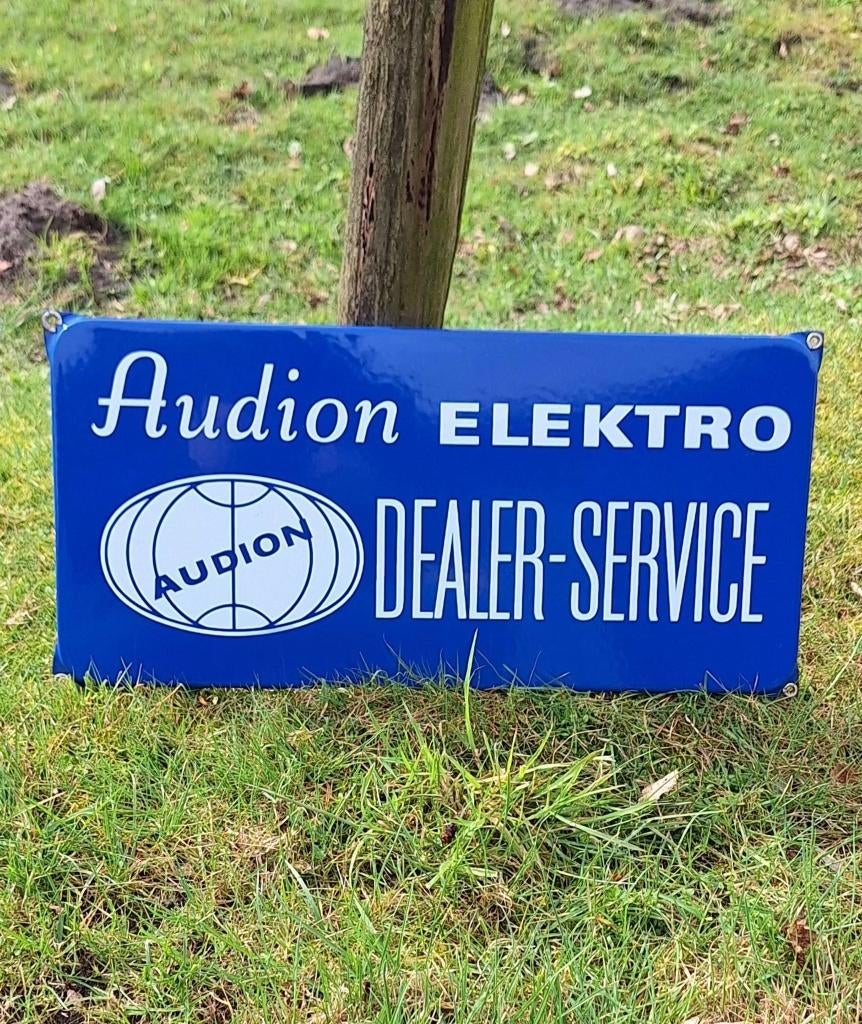 Vintage emaille reclamebord Audion Elektro Dealer Service., Verzamelen, Ophalen of Verzenden, Gebruikt, Reclamebord