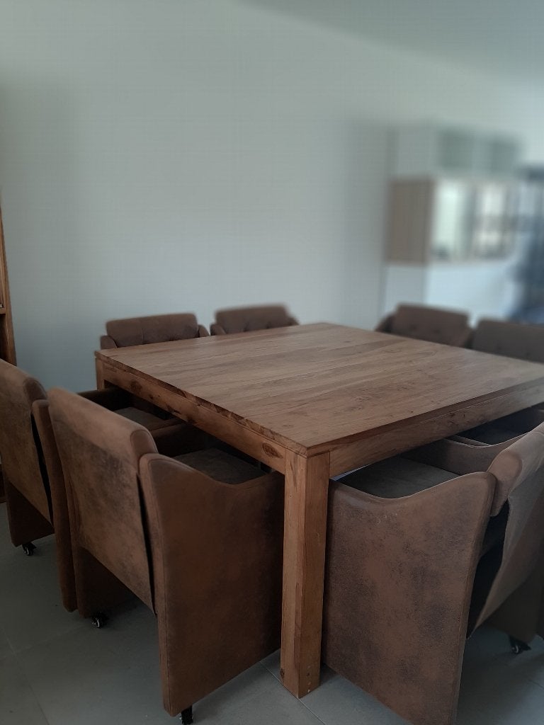 Prachtige vierkante eettafel in sheeshamhout (teak), Ophalen, Gebruikt, Vijf personen of meer, 100 tot 150 cm