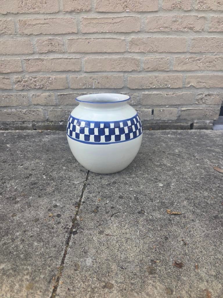 Vintage keramieken vaas blauw wit – decoratieve pot – 20 cm, Antiek en Kunst, Ophalen of Verzenden
