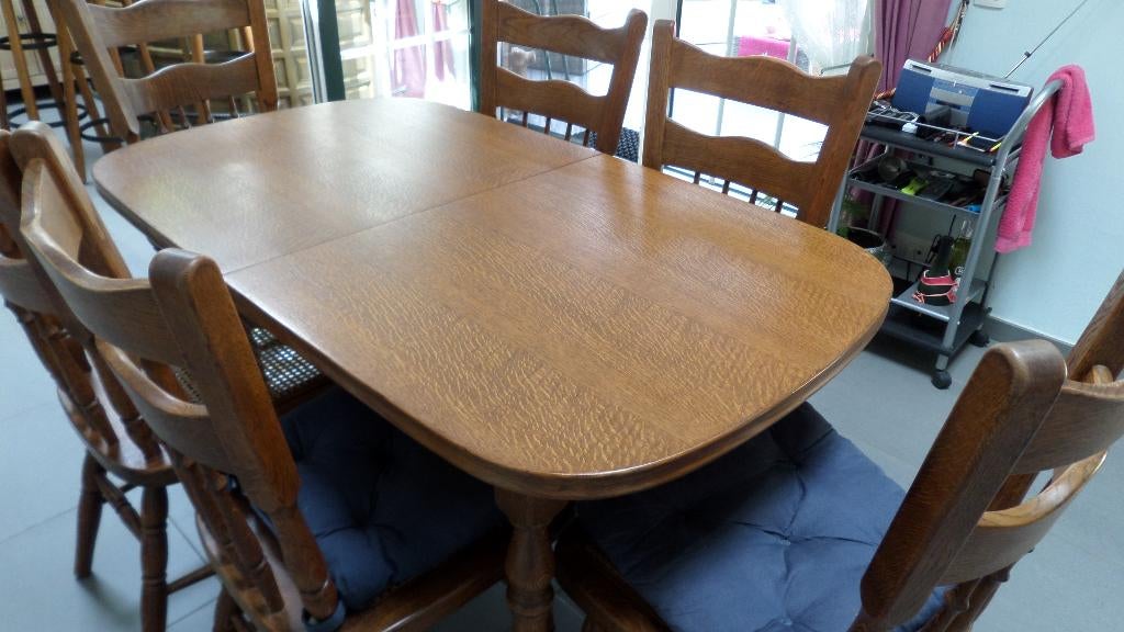 table +rallonge et 6 chaises cannelée, 100 à 150 cm, Chêne clair, Cinq personnes ou plus, Comme neuf