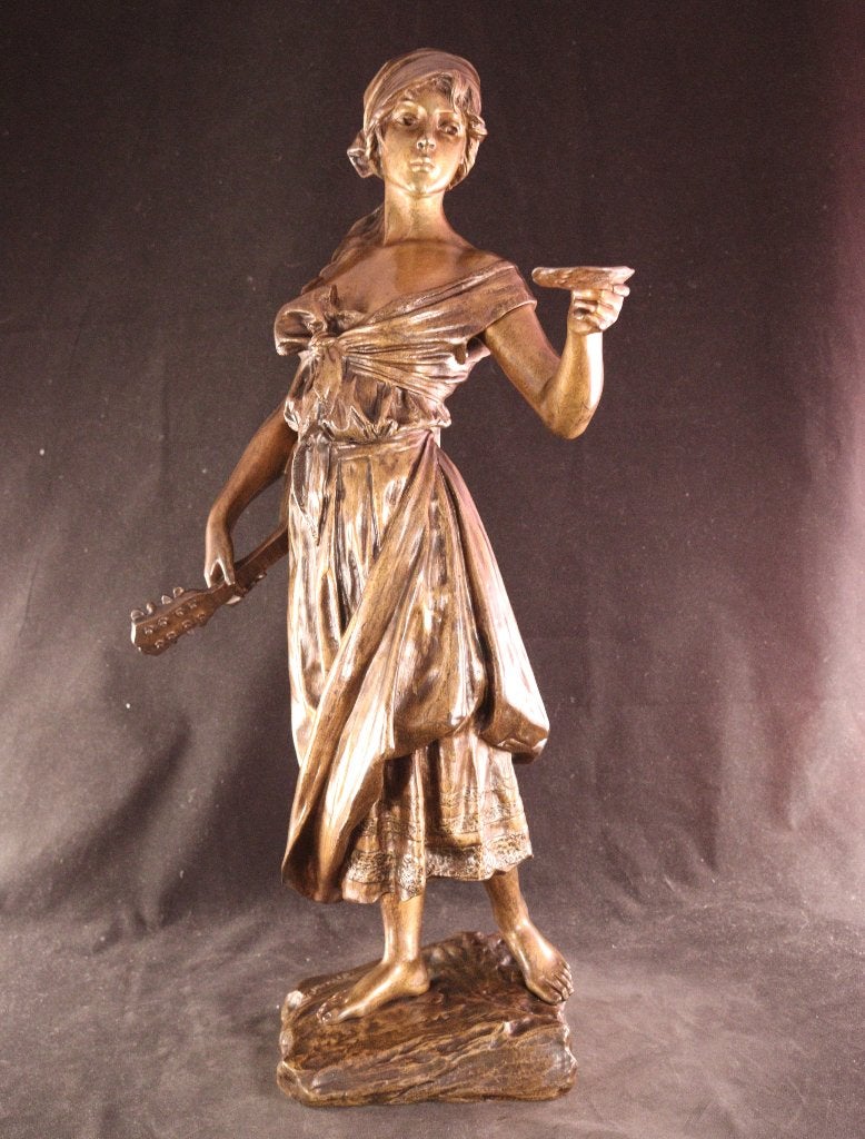 Grande statue en bronze Emmanuel Villanis, Enlèvement ou Envoi, Patiné, Statue, Femme