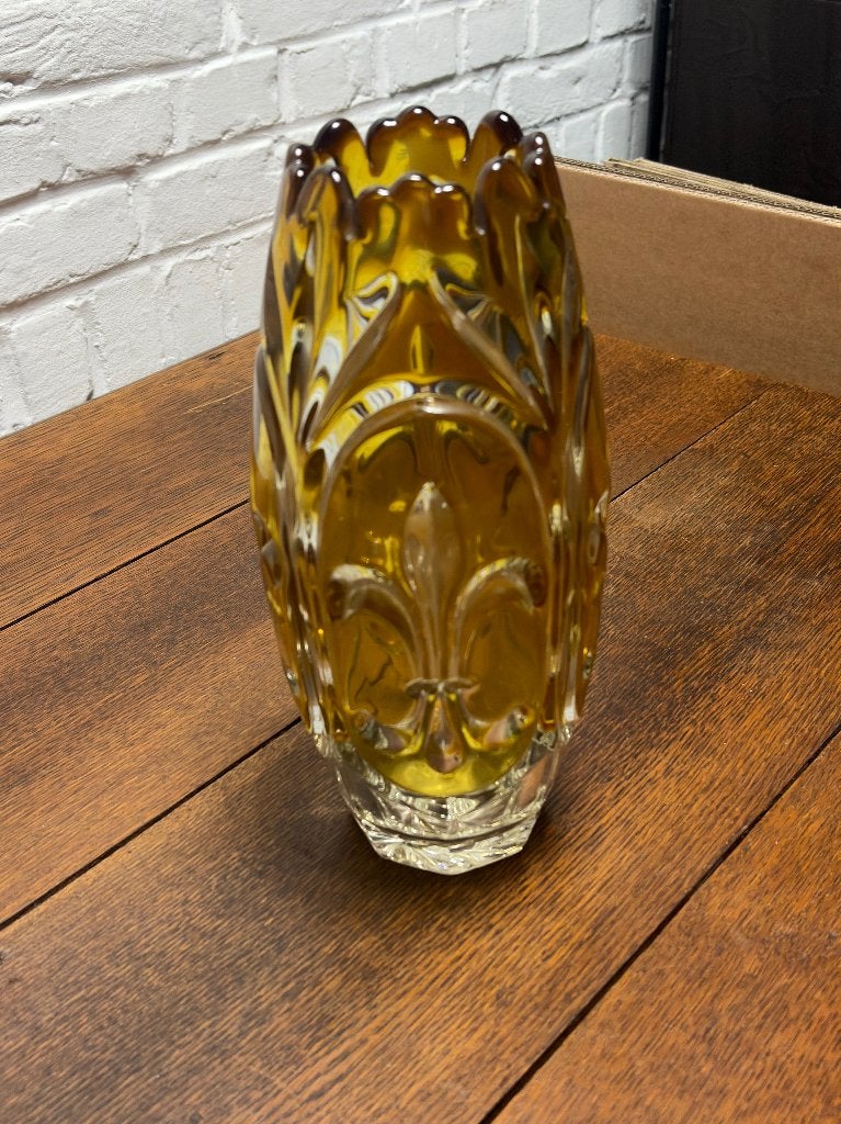 Vintage Handgeslepen Kristallen Vaas – Goudgeel/Amber –, Ophalen of Verzenden