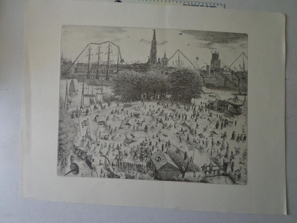 Monumentale ets van Jaak Gorus "Oud Sint-Anneke", Dagelijks leven, Ophalen of Verzenden, Gesigneerd, 1950 - 1999