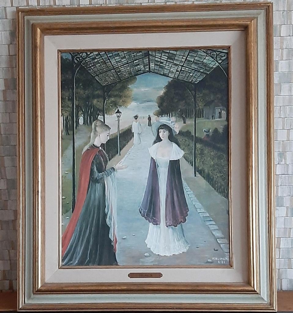 "L' acceuil" van Paul Delvaux repro op doek., Antiek en Kunst, Ophalen