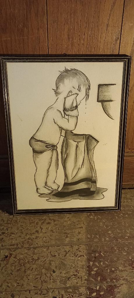 Ingelijste kindertekening, 27x37, n410, Antiek en Kunst, Kunst | Tekeningen en Fotografie, Ophalen of Verzenden, Tekening, Potloodtekening