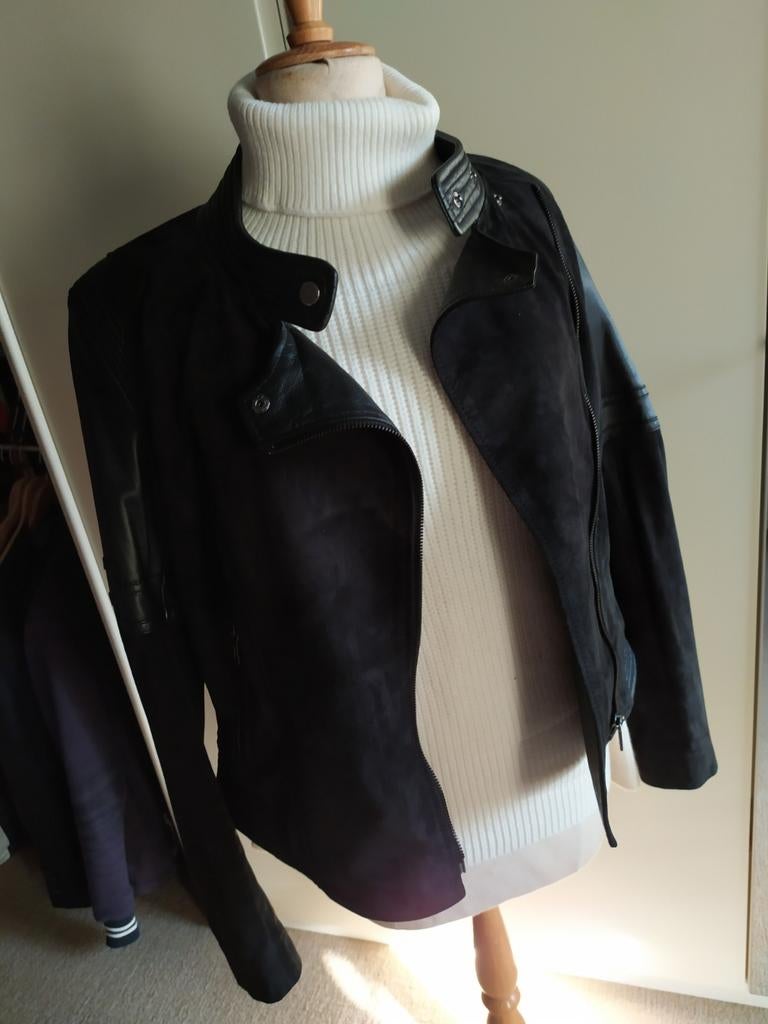 Belle veste noire en cuir combiné et daim 38, Enlèvement ou Envoi, Blanc
