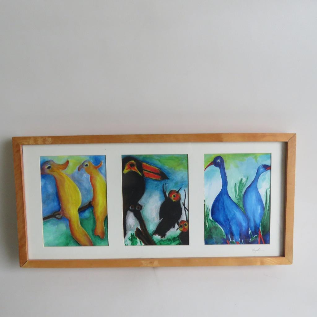 Drieluik Vogels aquarel op papier gesigneerd monogram Bc, Ophalen of Verzenden