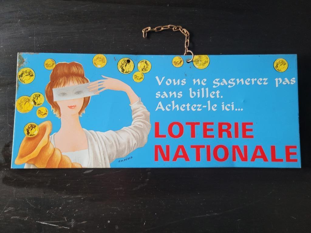 ancien plaque publicitaire loterie nationale N3  32x13 cm, Enlèvement ou Envoi, Utilisé, Panneau publicitaire