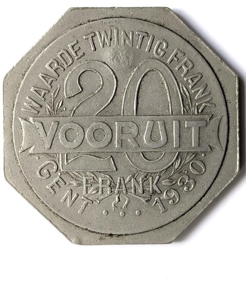 Vooruit Gent, token: 20 frank 1930, Postzegels en Munten, Ophalen of Verzenden, Overige materialen