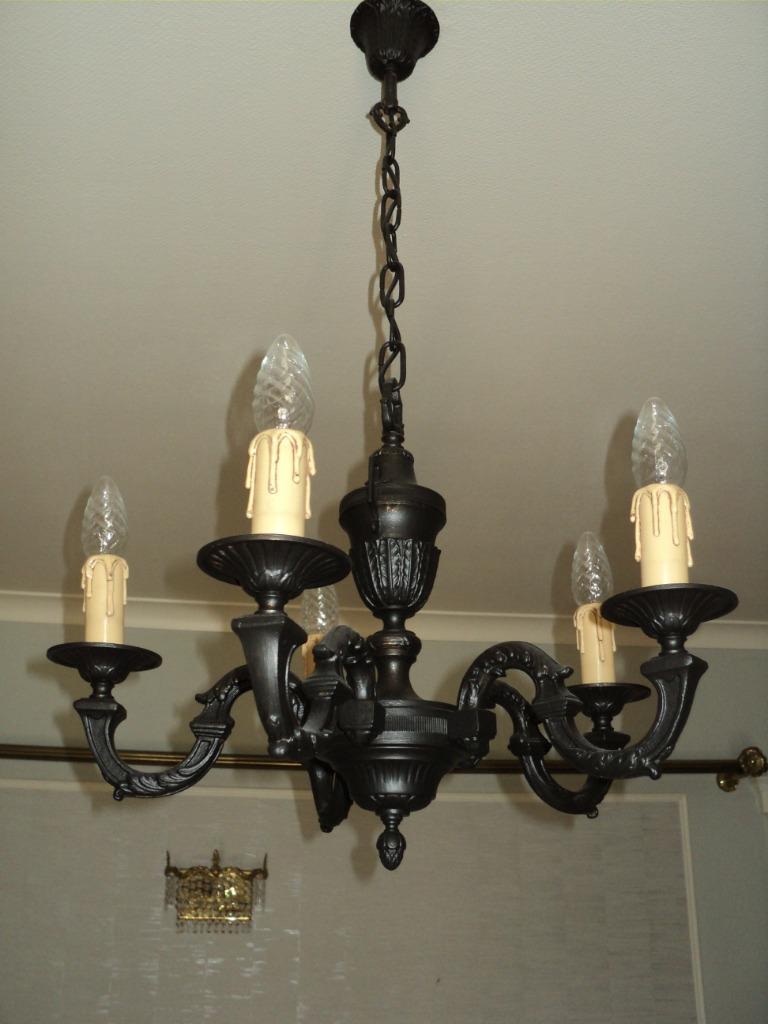 Bronzen luster in 't zwart met 5 armen, Huis en Inrichting, Lampen | Kroonluchters, Ophalen, Zo goed als nieuw