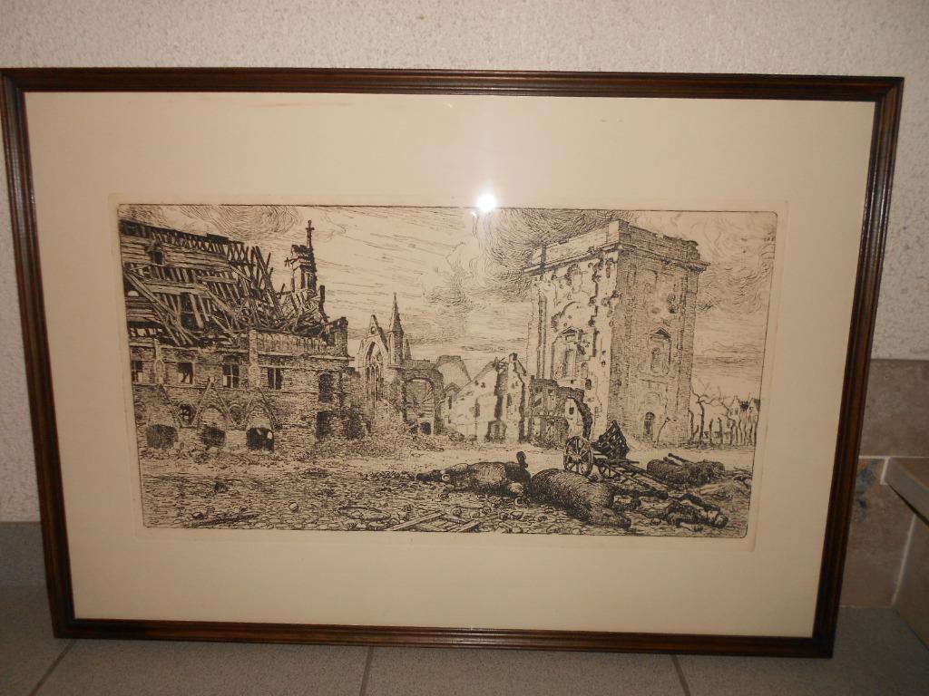 pentekening grote markt Nieuwpoort 1914-1918, Antiek en Kunst, Ophalen of Verzenden
