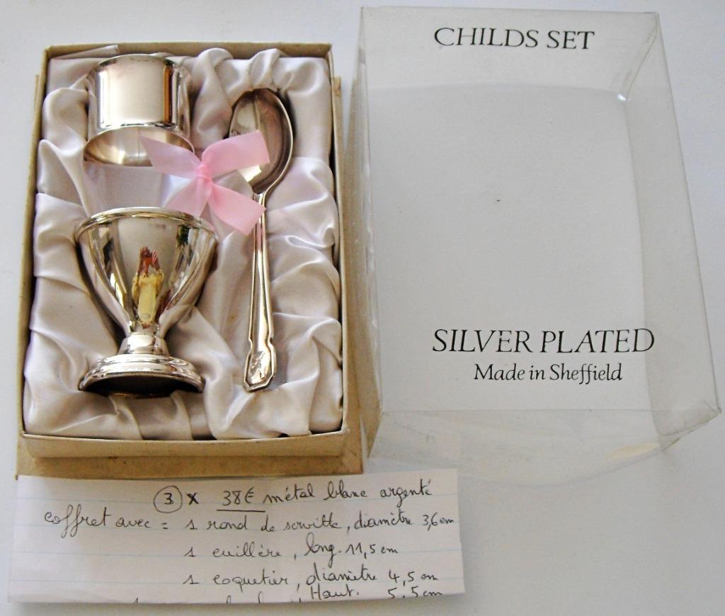 Coffret naissance cuillère + coquetier + rond, métal argenté, Enfants & Bébés, Enlèvement ou Envoi, Neuf, Autre