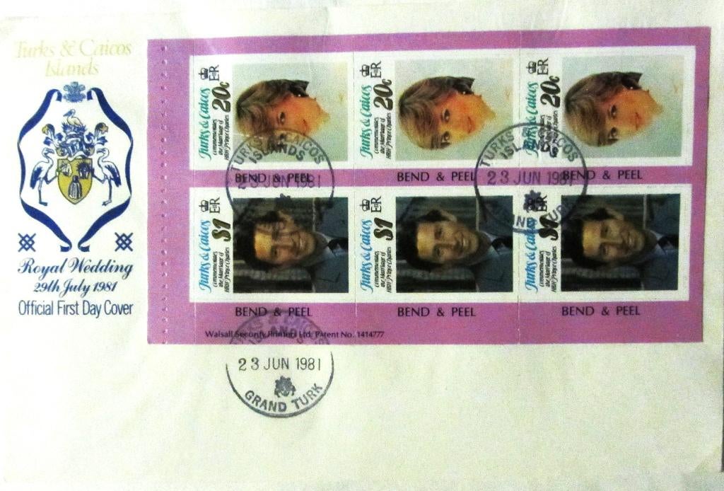 GROTE FDC HUWELIJK PRINS CHARLES MET LADY DIANA- GRAND TURK, Enlèvement ou Envoi, Affranchi, Dynastie