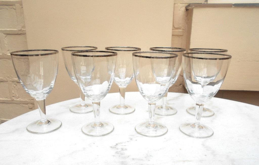 lot de 8 anciens verres à vin en cristal bords argentés, Enlèvement ou Envoi