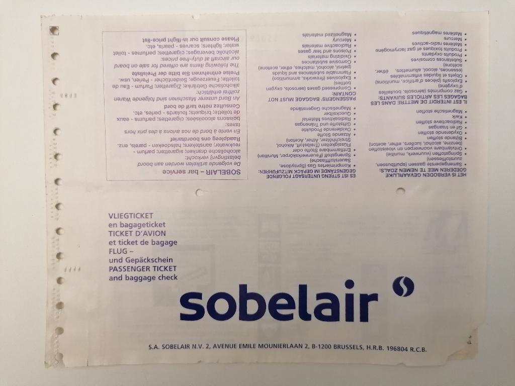 Coupon de billet d'avion Sabena Sobelair #02 -SLR00167055, Enlèvement ou Envoi, Comme neuf