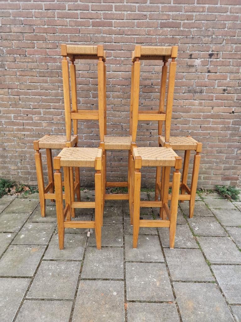 Ensemble de 7 magnifiques tabourets de bar vintage en bois, Maison & Meubles, Avec repose-pieds, Comme neuf, Enlèvement, 60 à 90 cm