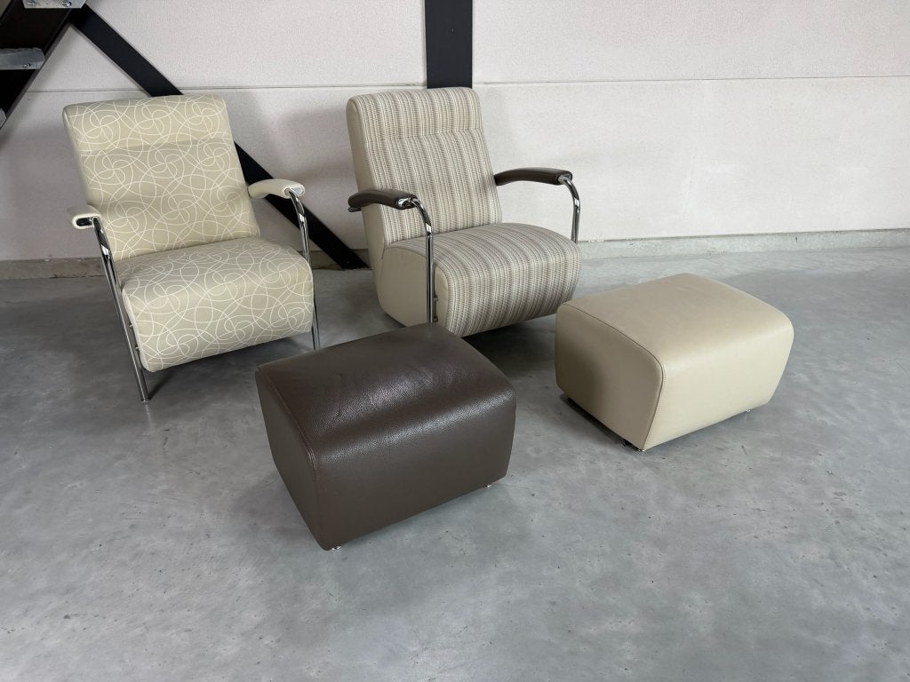Leolux Scylla fauteuils met hocker - stof en leer, Ophalen, Kunststof, Nieuw, 75 tot 100 cm