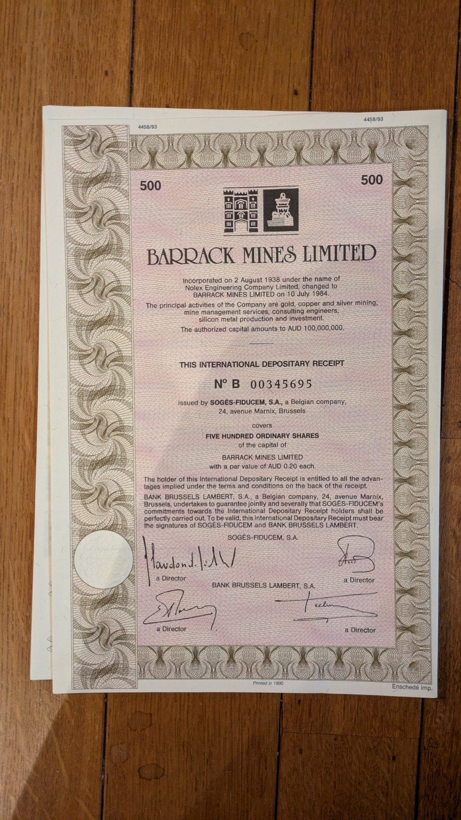 Origineel certificaat van 500 aandelen van Barrack Mines, Timbres & Monnaies, Enlèvement, Action
