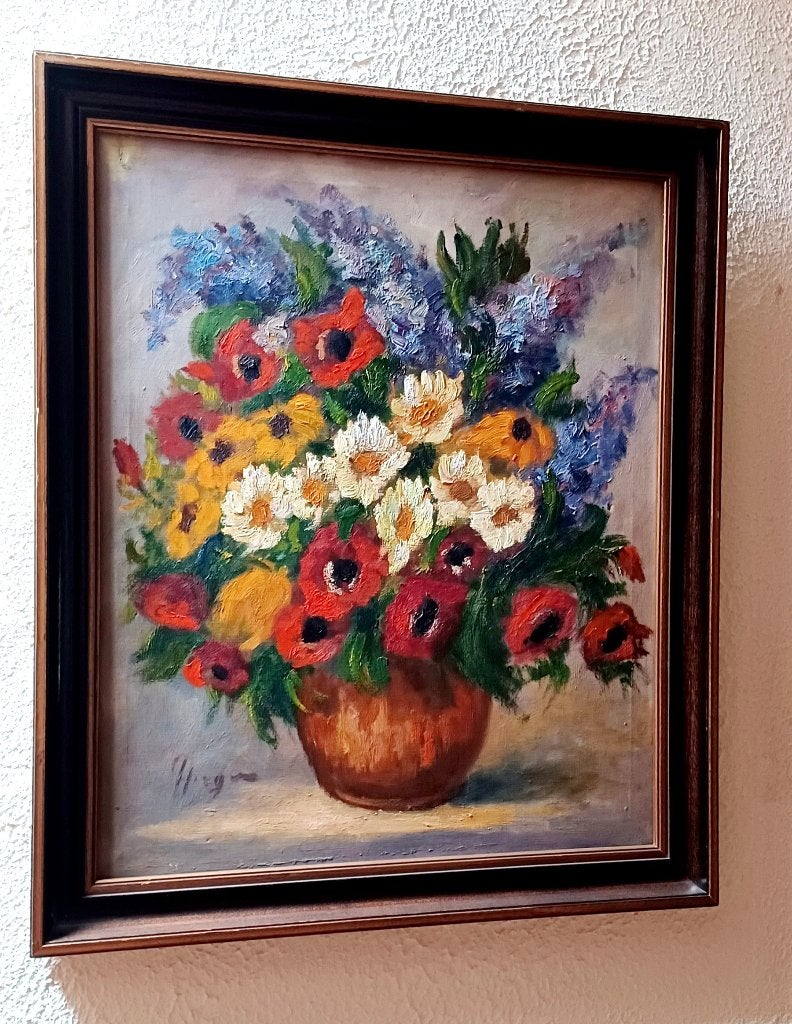 Kleurrijk bloemenschilderij - 58.5 x 68.5 cm, Antiquités & Art, Art | Peinture | Classique, Enlèvement, Signé, Toile, Fleurs