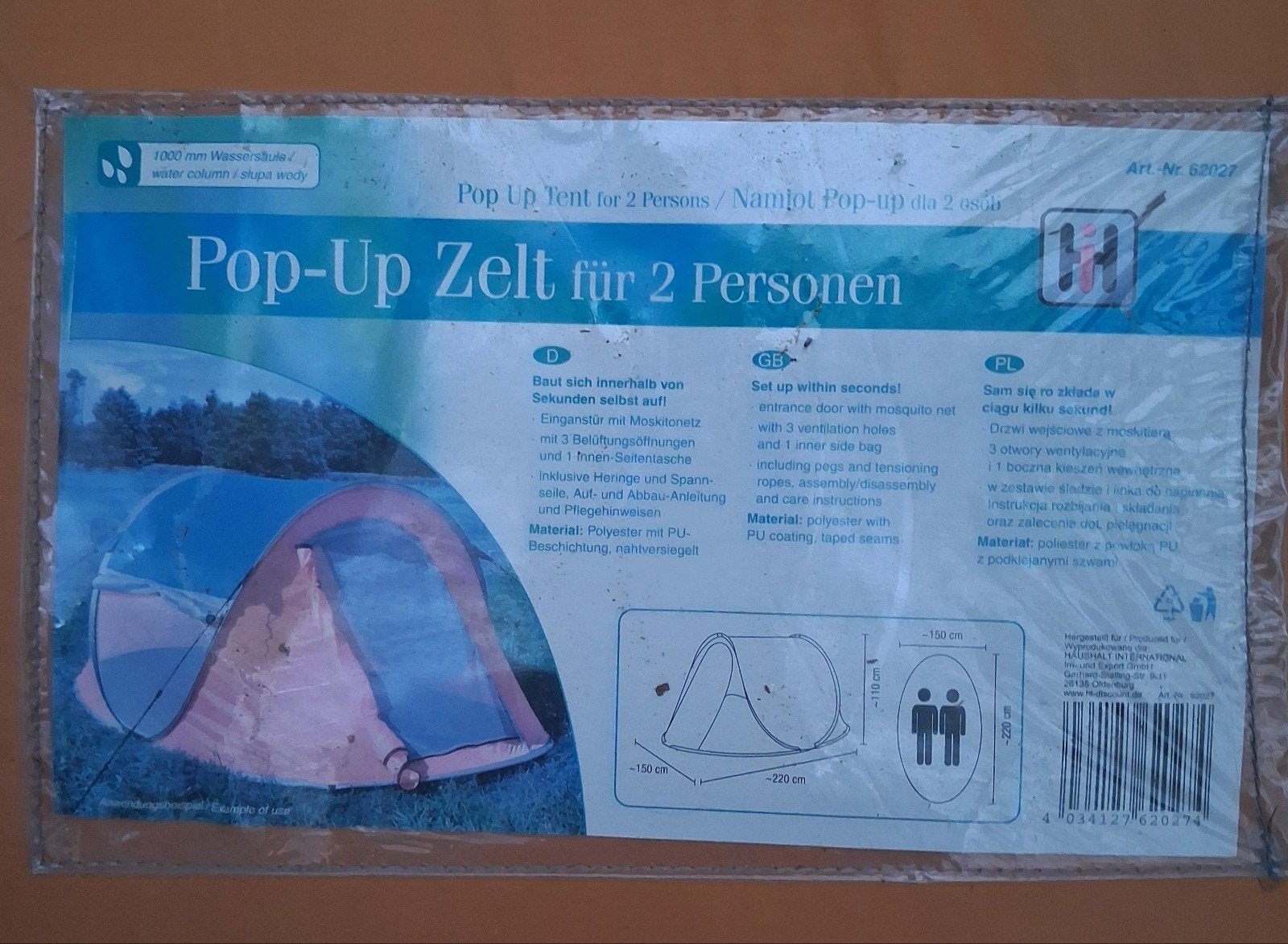Pop-Up tent, 2 personen, oranje., Caravans en Kamperen, Tenten, Ophalen, Nieuw, Tot en met 2