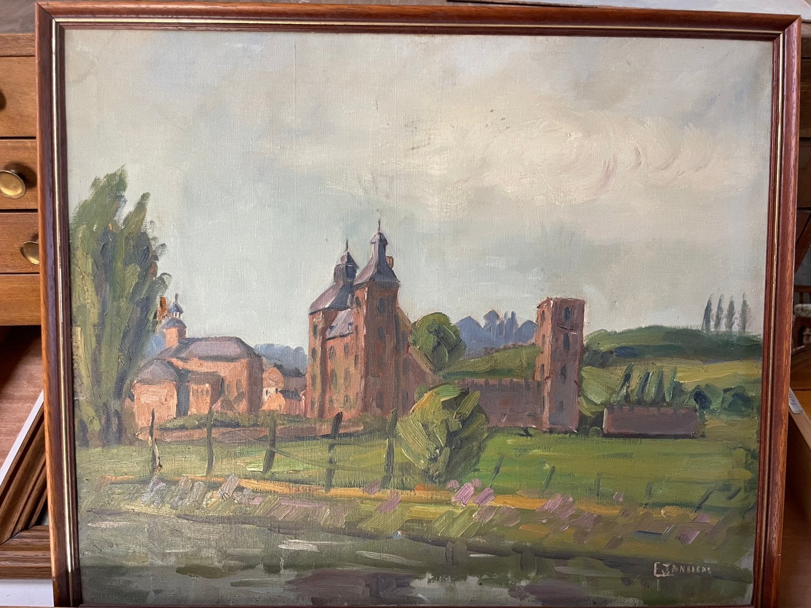 Peinture à l’huile   château. Signature Janssens, Peinture à l'huile, Paysage, Enlèvement, Encadré