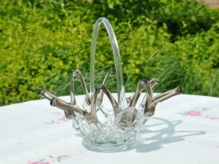 § panier fruitier en verre soufflé effilé brun et incolore, Enlèvement ou Envoi