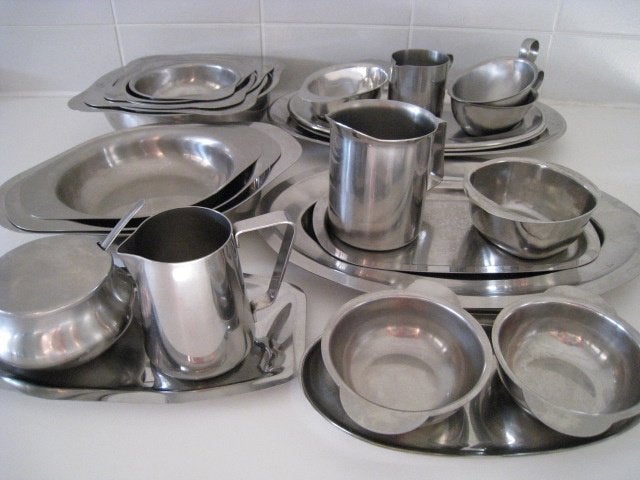 Set vintage inox schalen, potten, melkkan, suikerpot, ..., Ophalen