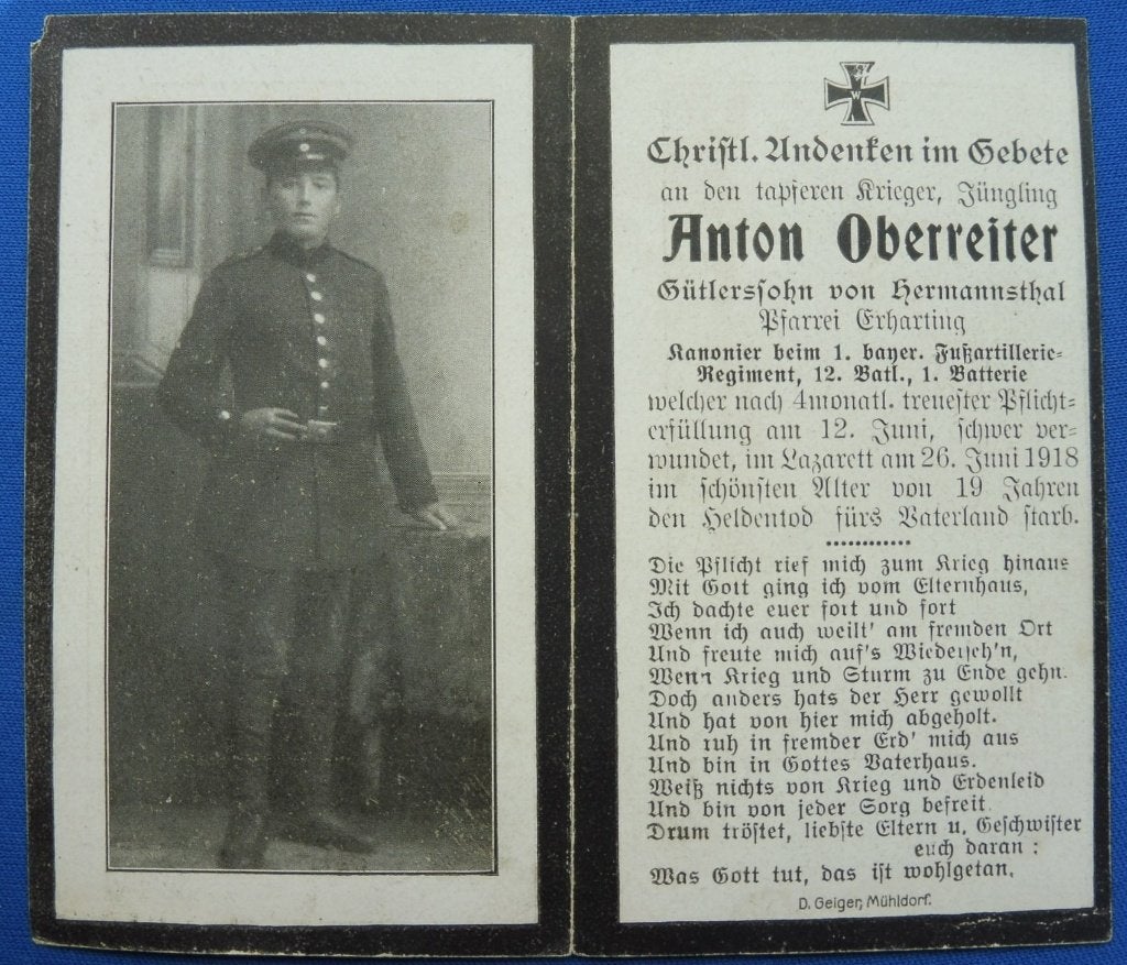 WOI Sterbebild, doodsprent Kanonier (1918) Frontregio Reims, Collections, Objets militaires | Général, Armée de terre, Envoi