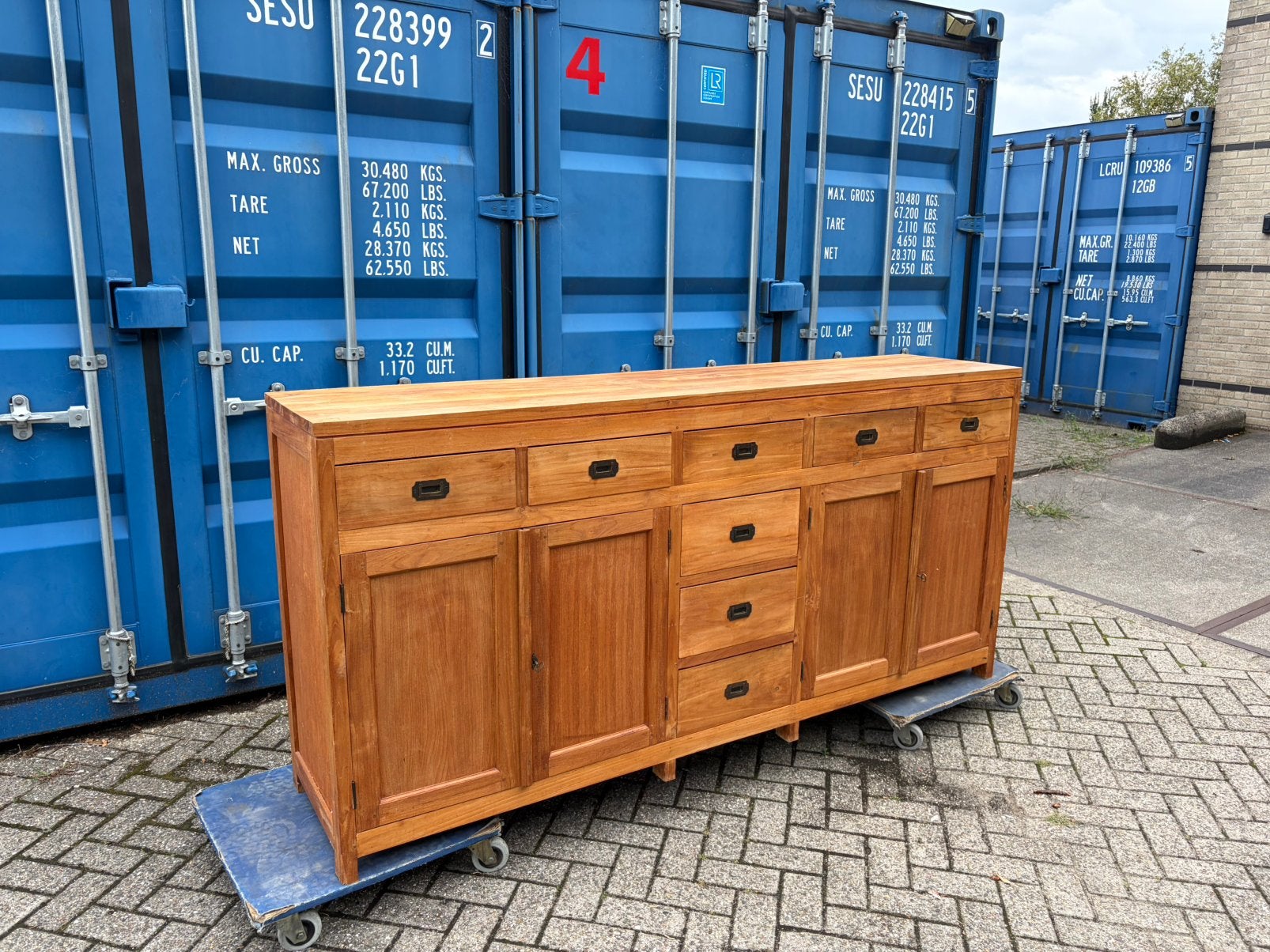 Dressoir teak met 8 grote lades een mooie zware rakker, Teck, 200 cm ou plus, Enlèvement ou Envoi, Utilisé