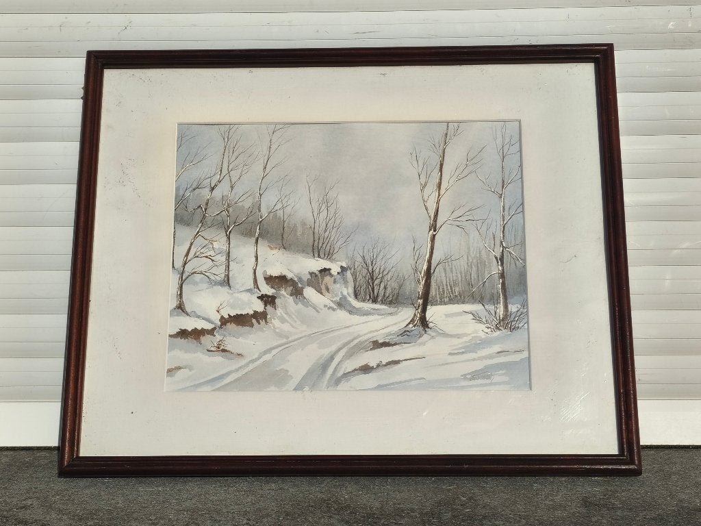 Aquarelle paysage enneigé signe, Antiek en Kunst, Kunst | Schilderijen | Klassiek, Ophalen of Verzenden, Aquarel, Landschap