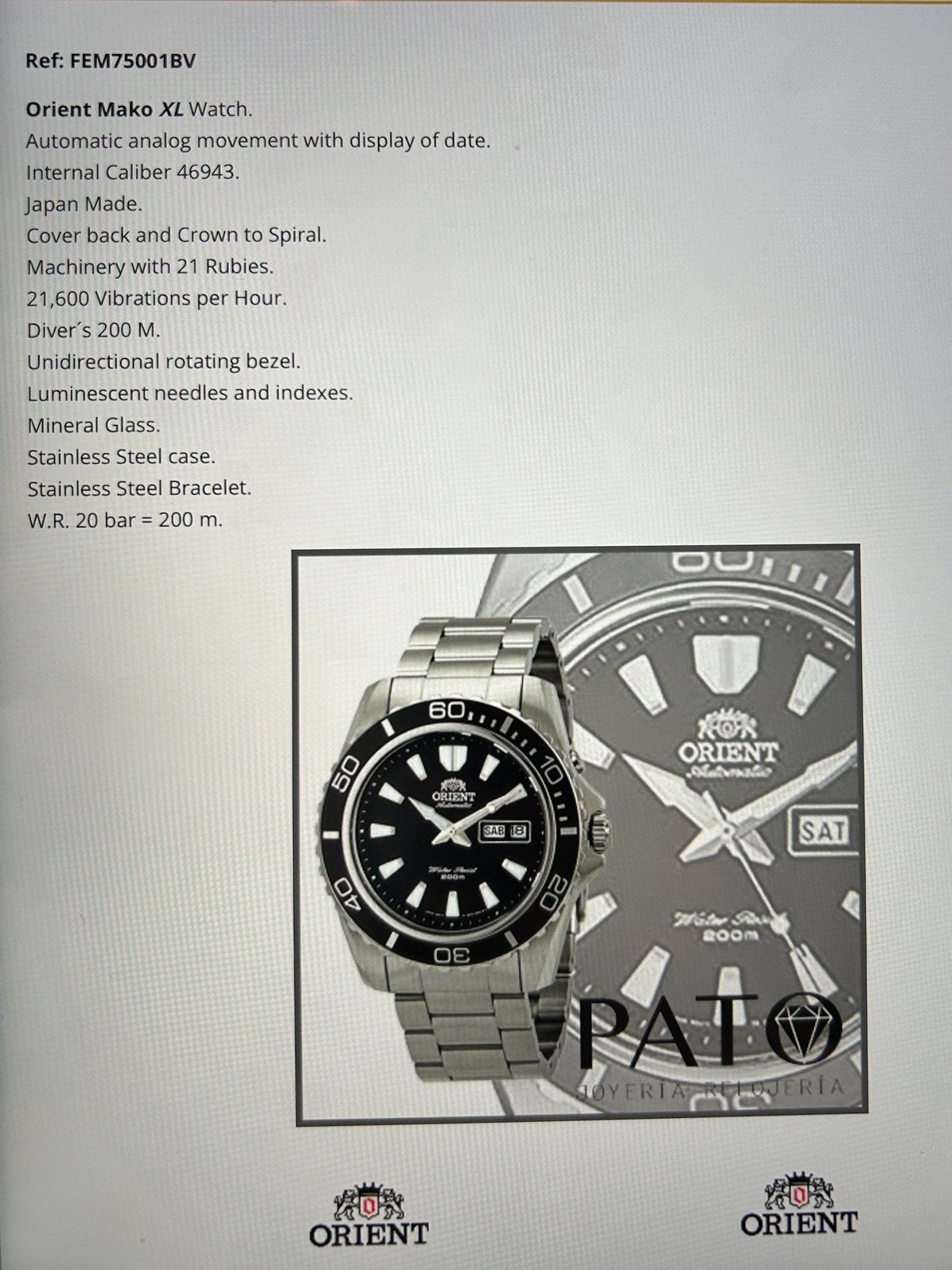Orient Mako XL 45 mm automatisch, Ophalen, Staal, Polshorloge, Leer