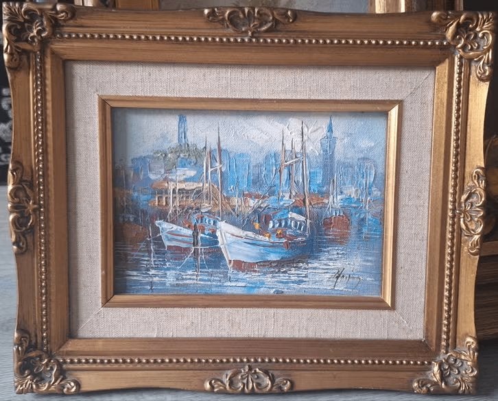 Maritiem havengezicht, olieverf op doek, ingelijst, Antiek en Kunst, Ophalen of Verzenden, Ingelijst, Olieverf, Doek