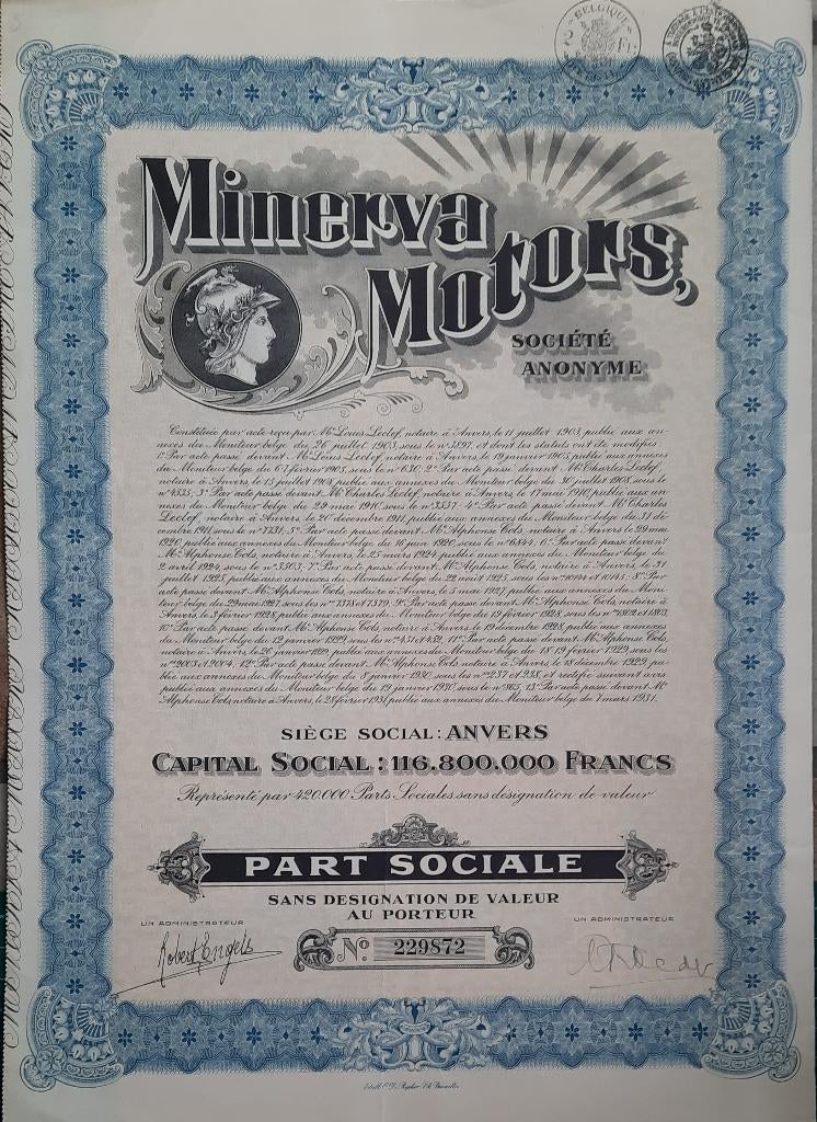 Minerva Motors - part sociale - 1931, Enlèvement ou Envoi, 1920 à 1950, Action