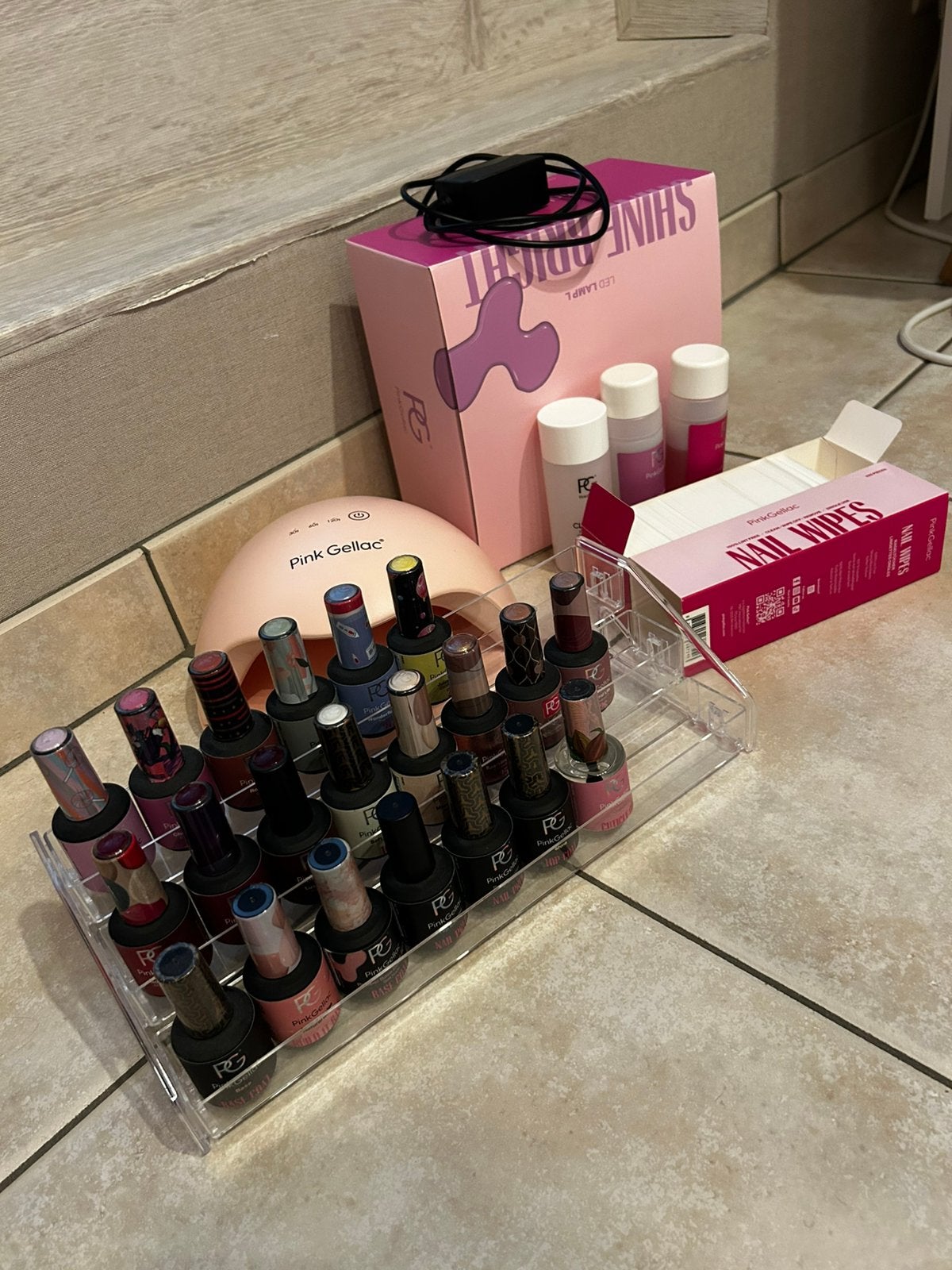 Lot pink gellac set -> L led lamp, kleurtjes, base, top,…, Maquillage, Enlèvement ou Envoi, Autres couleurs, Comme neuf