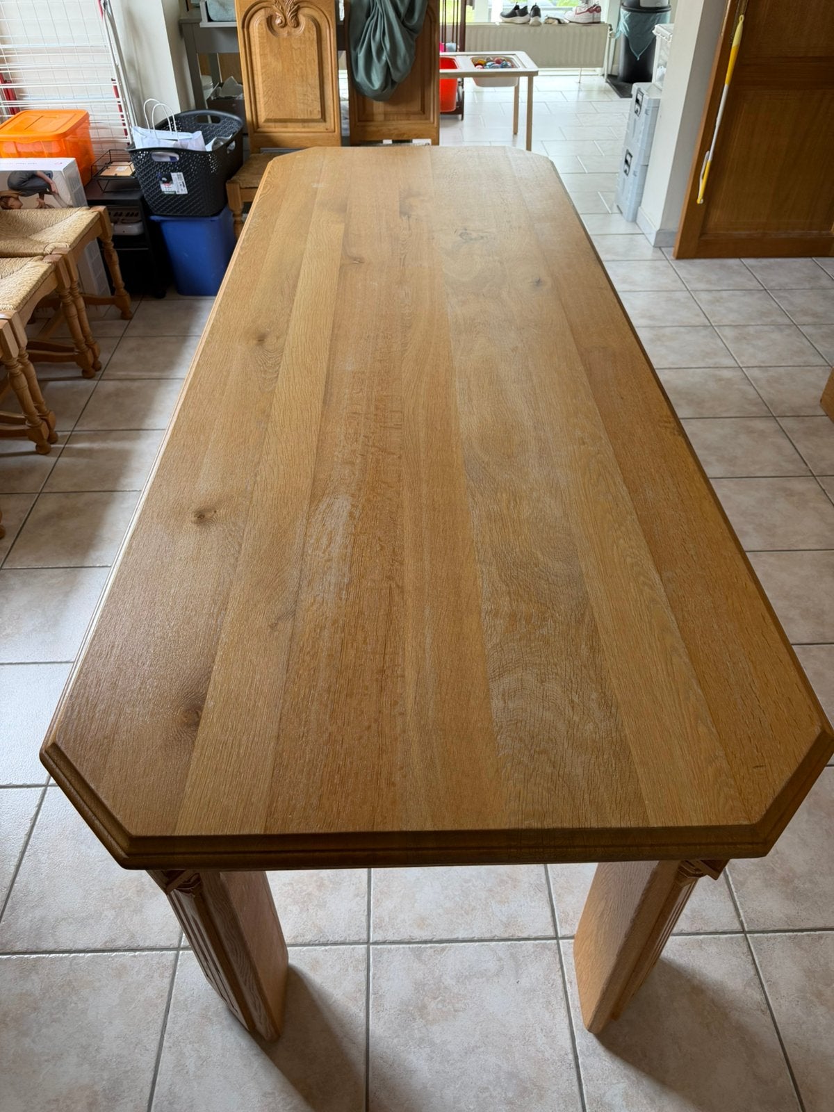 Vol eiken tafel met bijpassende stoelen, Ophalen, Gebruikt, Eikenhout, 200 cm of meer