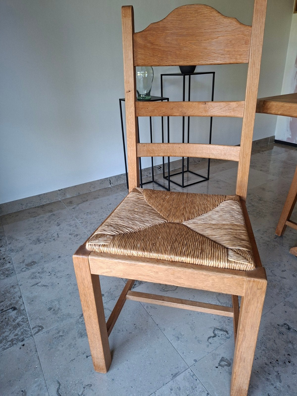 6 eiken stoelen met biezen zittingen, Ophalen, Gebruikt, Bruin, Klassiek