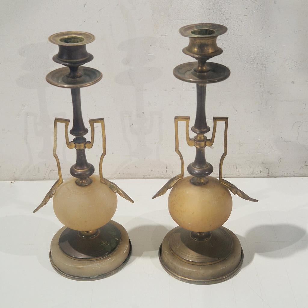 Set van 2 antieke kandelaars uit messing en albast art deco, Antiek en Kunst, Ophalen of Verzenden, Koper of Brons