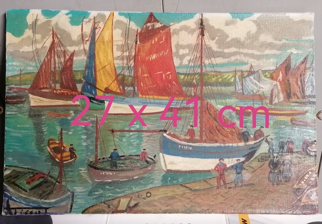 Peinture marine bateaux + port vintage, Peinture à l'huile, Signé, Toile, Vintage