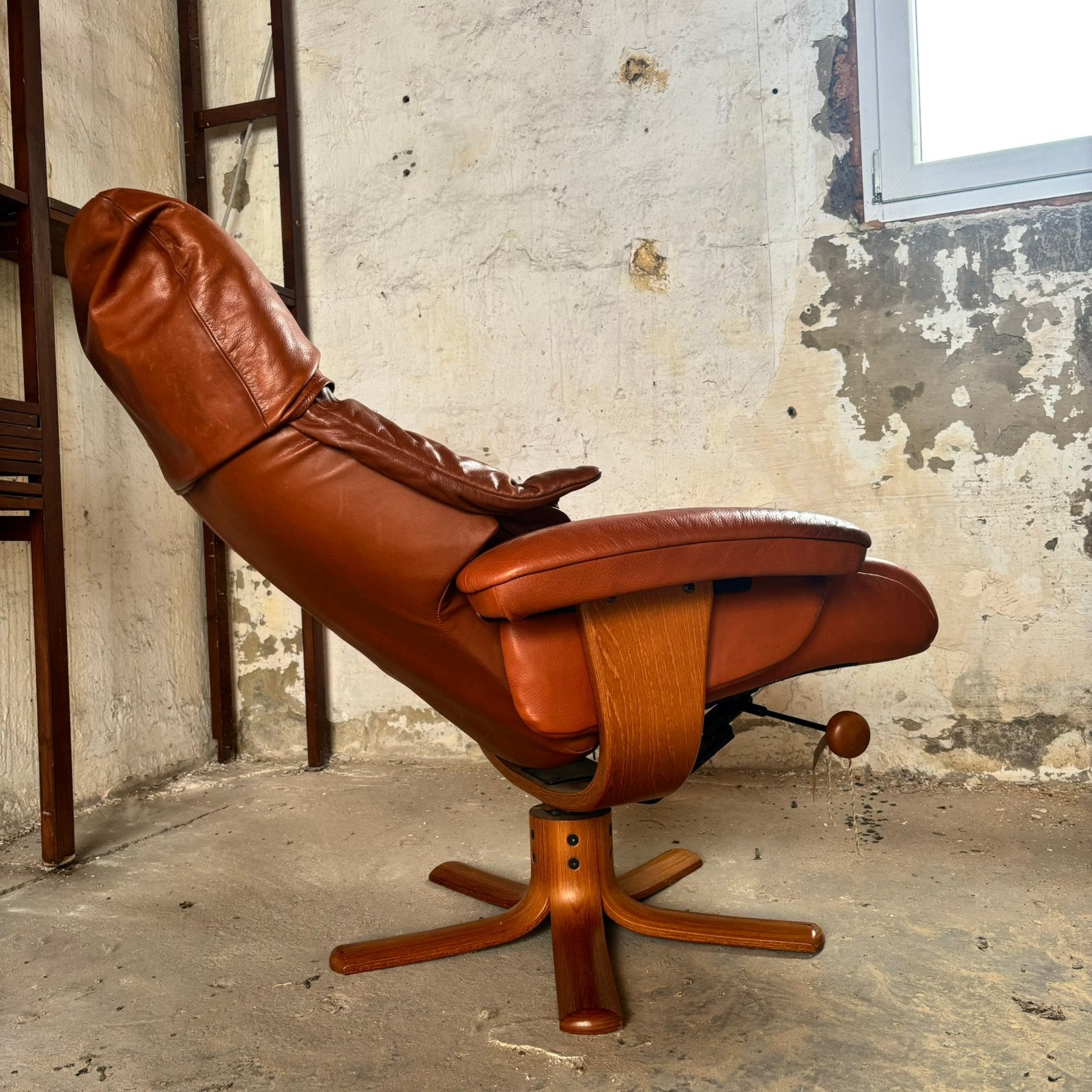 Vintage Scandinavische cognac leren draaifauteuil  G-Möbel, Ophalen, Gebruikt, Leer, Scandinavisch