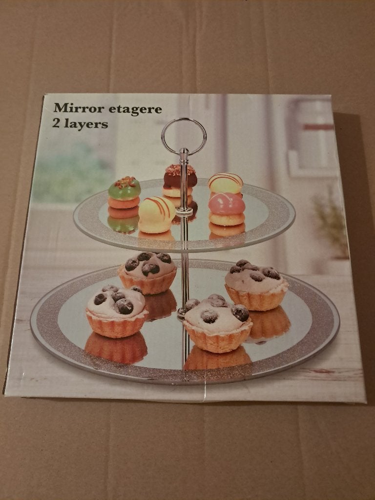 Un élégant présentoir de service à 2 étages en miroir- Neuf., Maison & Meubles, Enlèvement, Neuf, Avec poignées, Plateau