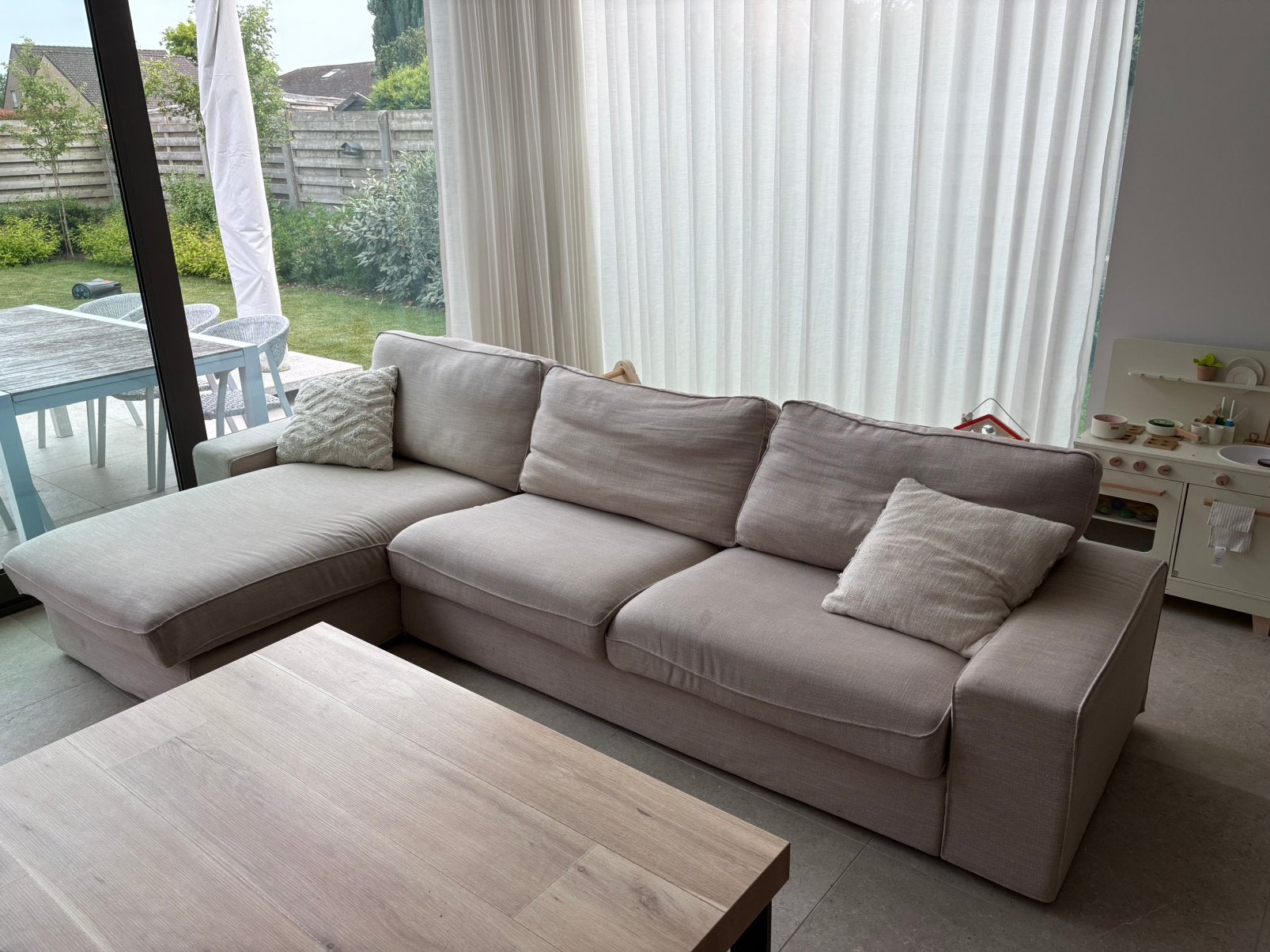 4-zitbank met longchair – beige – zeer goede staat, Ophalen, Zo goed als nieuw, Stof