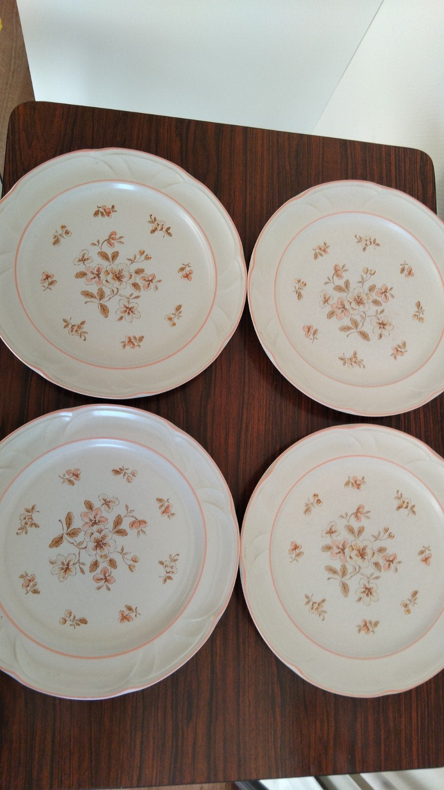 4 grote doorzichtige borden met kleine zalmbruine bloemen, Klassiek, Ophalen of Verzenden, Zo goed als nieuw, Bord(en)