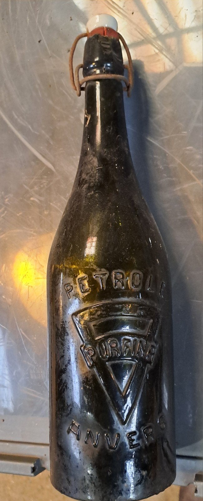 antieke fles Petrole Purfina Anvers, Verzamelen, Ophalen of Verzenden