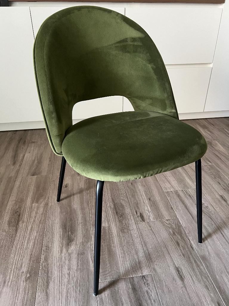 4 chaises de salle à manger vertes (velours), Maison & Meubles, Chaises, Enlèvement, Comme neuf, Autres couleurs, Quatre