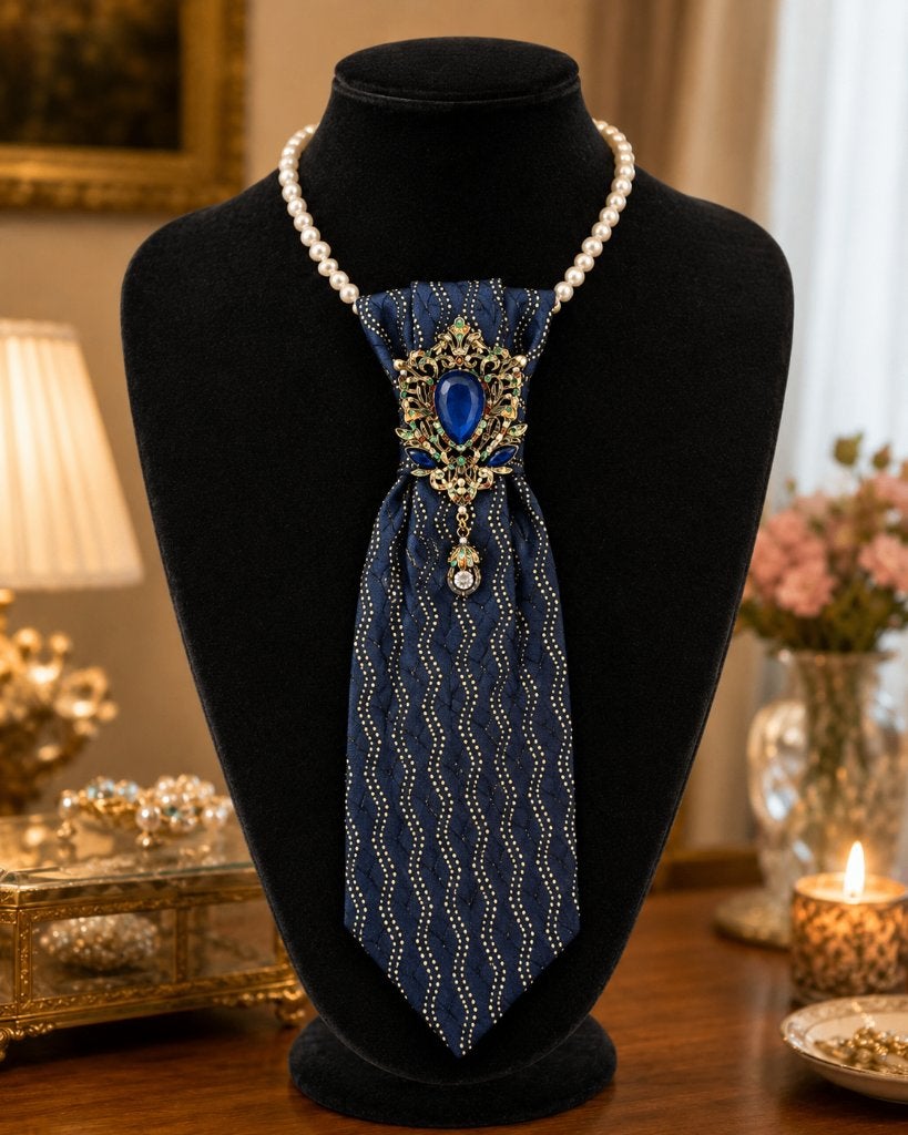 Klassiek stropdas ketting, Bijoux, Sacs & Beauté, Colliers, Envoi, Comme neuf, Bleu, Autres matériaux