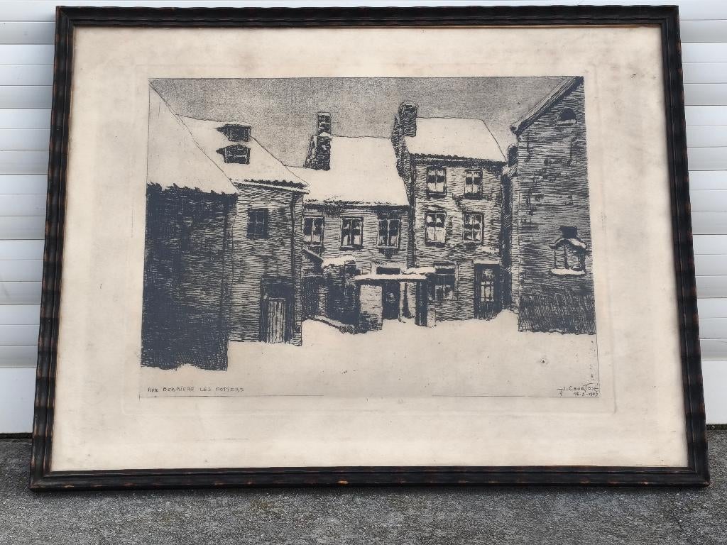 Gravure rue derbière les potiers signe j courtoy, Antiquités & Art, Enlèvement ou Envoi
