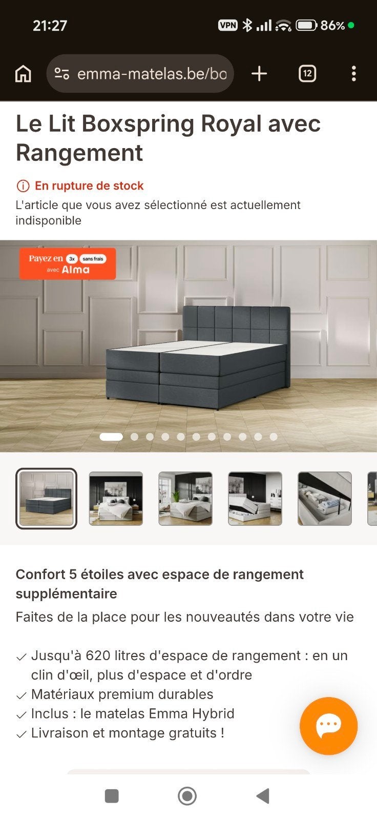 a vendre lit boxspring royal Emma matelas, Gris, Comme neuf, Enlèvement, 200 cm